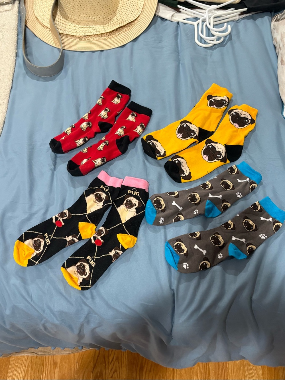 Pug Pattern Crew Socks - Yellow, Red, Black, Gray, Blue